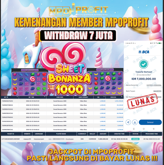 MPOPROFIT JACKPOT PRAGMATIC PLAY! KEMENANGAN MURNI DI (SWEET BONANZA 1000 TOTAL 7.000.000,- LUNAS)